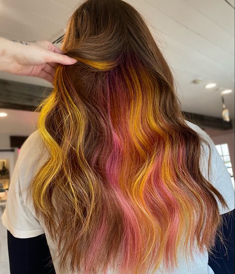 Pink And Yellow Peekaboo Hair, Pink And Yellow Highlights, Blonde Hair With Peekaboo Color Fun, Yellow Peekaboo Hair, Sunset Peekaboo Hair, Yellow Hair Streaks, Highlights Blond, Pink And Orange Hair, Peekaboo Hair Colors