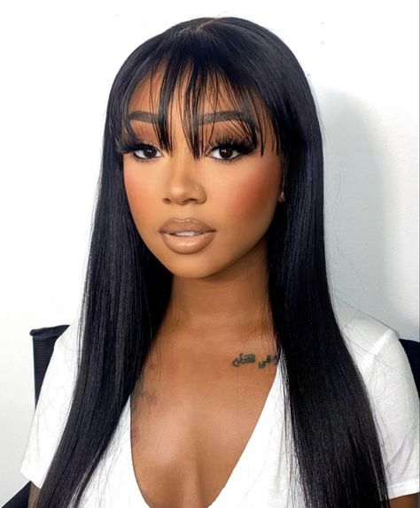 Wig With Bangs For Black Women, Hairstyles With Bangs Black Women, Fringe Bangs Black Women, Feathered Bangs, Frontal Wig Hairstyles, Sew In Hairstyles, Ethnic Hairstyles, Birthday Hair, Stunning Makeup