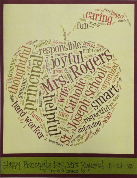 Principal Appreciation Day- Gift idea using Tagxedo to create a custom word cloud honoring your principal. Farewell Cards For Principal, Thank You Principal, Quotes For Principal Appreciation, Principal For A Day, Principal Appreciation Day, Principal’s Month Ideas, Principals Day, Principal Appreciation Gifts, Principal Appreciation