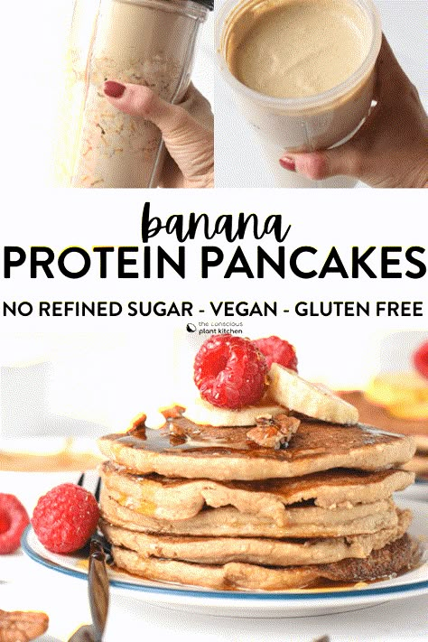 These easy 4 ingredients Banana Protein Pancakes are the most delicious high-protein pancakes to starts the day. Bonus, they are egg-free, dairy-free and vegan approved. Protein Pancakes No Eggs, Pancakes No Eggs, Oat Pancakes Vegan, Vegan Protein Breakfast, Gluten Free Protein Pancakes, Pancake Banane, Healthy Protein Pancakes, Vegan Protein Pancakes, Vanilla Protein Shake