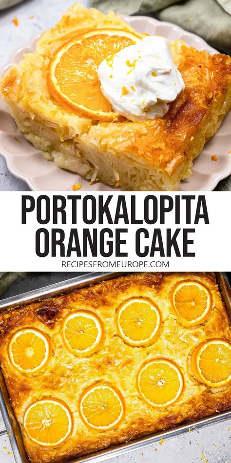 Want to make classic Greek Portokalopita? This beautiful orange phyllo cake is easy to make and soaked in sweet syrup for that perfect bite! Portokalopita Recipe, Greek Skillet, Phyllo Cake, Orange Syrup Cake, Recipes Pastry, Greek Cake, Orange Cake Recipe, Greek Desserts, 9x13 Baking Dish