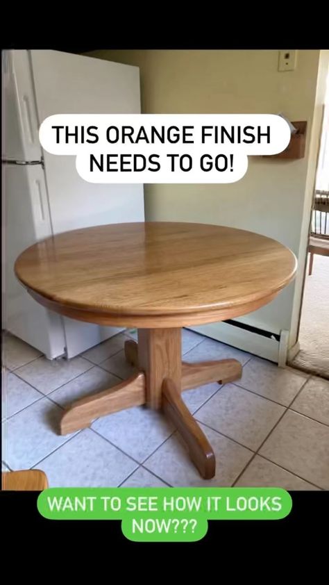 repurposed_refinished_upcycled on Instagram: This is solid oak table, but orange old finish needs to go. So now it’s new and modern! Did you like the transformation? #savetheplanet… Pine Round Table, Vintage Table With Modern Chairs, Refinish Wood Dining Table, Wood Table And Chairs Makeover, Painted Oak Dining Table And Chairs, Old Table New Chairs, Sanding Oak Table, Wood Dining Table Refinish, Refinishing Old Oak Table