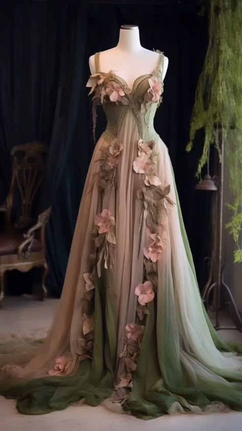 Summer Court Aesthetic Dress, Enchanted Forest Dress Homecoming, Enchanted Forest Outfit Ideas, Fmc Aesthetic, Epic Dresses, Enchanted Forest Dress, Fae Outfit, Ball Gowns Vintage, Enchanted Dress