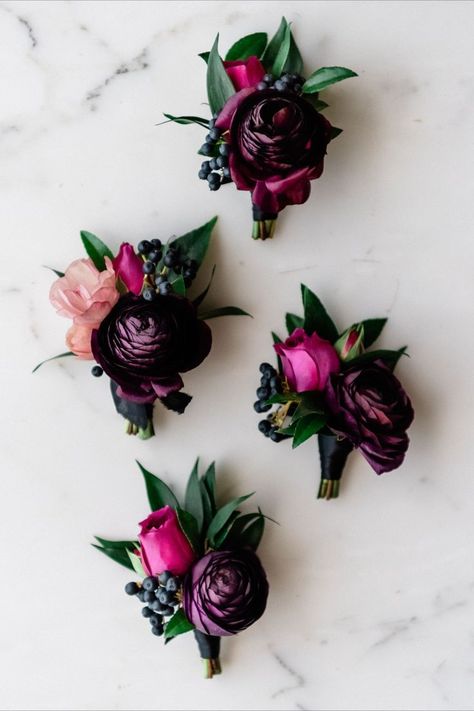 These gorgeous boutonnieres made with jewel-toned florals and accented with black satin ribbon. Photographed by Kristen Marie Weddings, at the Red Rock Resort in Las Vegas, Nevada. Event planned by Tara Marie Weddings. Gem Tones Wedding, Jewel Tone Wedding Theme, Jewel Tone Wedding Flowers, Small Wedding Bouquets, Prom Bouquet, Jewel Tone Wedding, Outdoor Fall Wedding, Moody Wedding, Diy Wedding Bouquet