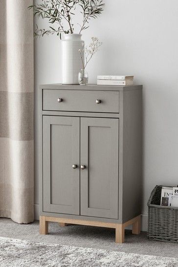 White Skirting Boards, Dark Grey Sideboard, Cream Hallway, Dove Grey Paint, Light Grey Sofa, Shoes Cabinet, Sideboard Grey, Sideboards Living Room, Small Sideboard