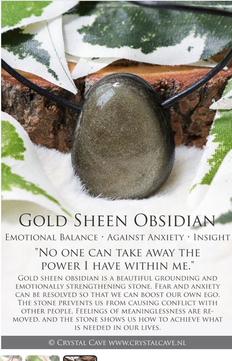 Liminal Library, Obsidian Crystal Meaning, Crystal Grimoire, Obsidian Meaning, Crystals Healing Grids, Gold Sheen Obsidian, Crystal Healing Chart, Healing Crystals Meanings, Obsidian Necklace