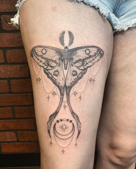 Black And White Luna Moth Tattoo, Moth Tattoo Thigh, Moth Thigh Tattoo, Moon Thigh Tattoo, Moth Leg Tattoo, Butterfly Moon Tattoo, Moon Moth Tattoo, Lunar Moth Tattoo Design, Moonlight Tattoo