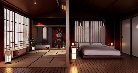 Samurai armor - red living room japanese... | Premium Photo #Freepik #photo #minimalist-room #3d-interior #lounge #3d-furniture Japanese Room Bedrooms, Japanese Bedrooms, Japanese Room Divider, Japanese Bedroom Design, Living Room Japanese Style, Japanese Living Room, Tatami Bed, Home Bedroom Design, Japanese Bedroom