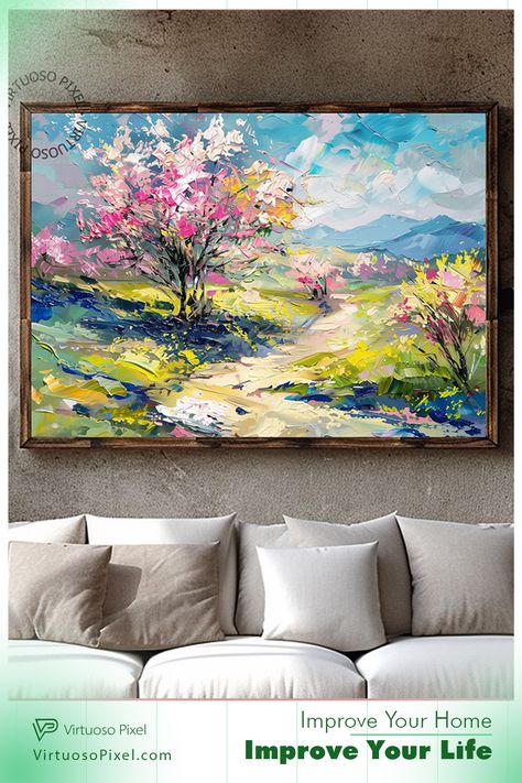 Transform your living space with the vibrant beauty of "Spring Blossoms" from Virtuoso Pixel (SKU: VP10680). This stunning artwork captures the essence of spring with its bright, colorful blossoms and serene landscape, perfect for adding a touch of joy and color to any room. Picture this artwork as the centerpiece of your living room, enhancing your decor with its captivating beauty. Visit our website to learn more about or purchase this exquisite piece today! #VirtuosoPixel #SpringArt #HomeDecorIdeas #ColorfulArt Cheerful Home, Tranquil Art, Meadow Landscape, Symbolic Art, Modern Impressionism, Indian Art Gallery, Surreal Artwork, Serene Landscape, Blooming Trees