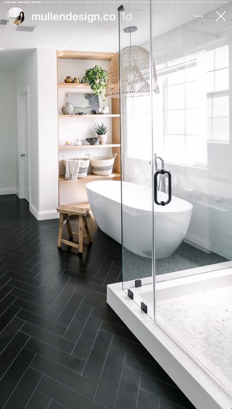 Modern Bathroom Flooring, Upgrade Bathroom, Black Floors, Modern Master Bathrooms, Modern Master Bath, Master Bath Renovation, Bathroom Design Black, Master Bath Remodel, Modern Farmhouse Bathroom