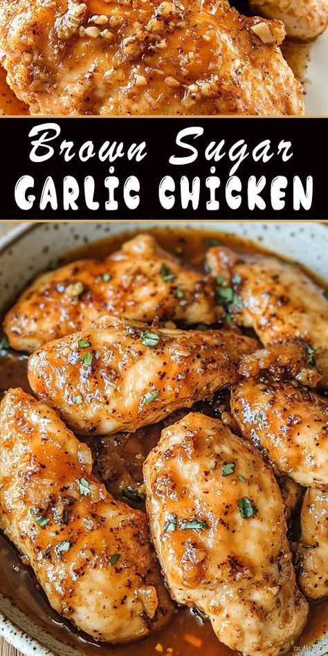 Sweet, savory, and full of flavor – this Brown Sugar Garlic Chicken is a weeknight dinner game-changer! 🍗✨ The brown sugar and garlic glaze caramelizes perfectly, making every bite juicy and full of flavor. This easy chicken recipe is a must-try for anyone who loves simple, yet delicious meals. #GarlicChicken #BrownSugarChicken #StickyChickenRecipe #FamilyDinner #EasyDinnerRecipe #QuickChicken #WeeknightMeals #DeliciousChicken Simple Chicken Supper Ideas, Yummy Chicken Seasoning, Quick Easy Chicken Marinade, Saute Chicken Recipes, Easy Dinner Recipes Low Sodium, Best Honey Garlic Chicken, Chicken Glaze Recipes Simple, Slow Cooker Brown Sugar Garlic Chicken, Yum Yummy Chicken Recipes