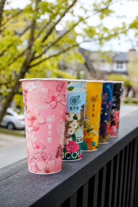 Boba Cup Design Ideas, Bubble Tea Cup Design, Bubble Tea Packaging, Bubble Tea Store, Plastic Cups Design, Boba Cup, Asian Cafe, Bubble Tea Cup, Paper Cup Design