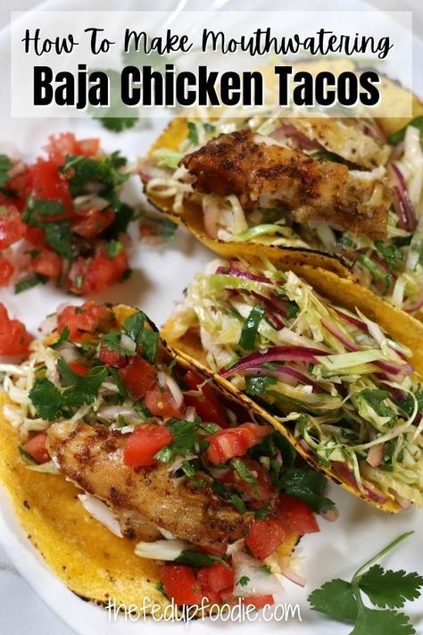 Baja Chicken Tacos has mouthwatering marinated Baja Chicken with Cilantro Lime Coleslaw and fresh Pico de Gallo. Full of flavor and completely addictive, this meal is easy and yet feels like a celebration. #BajaChickenTacos #BajaChickenTacosRecipes #SkinnyBajaChickenTacos #AuthenticChickenTacos #ChickenSoftTacoRecipe #BajaCaliforniaTacos Coleslaw For Chicken Tacos, Baja Chicken Tacos, Authentic Chicken Tacos, Cilantro Lime Coleslaw, Baja Chicken, Mexican Coleslaw, Lime Coleslaw, Chicken Hut, Popular Drink Recipes