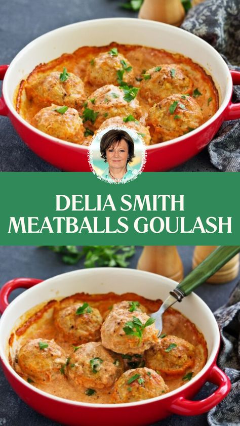 Delia Smith Meatballs Goulash Delia Smith Recipes, Delia Smith, Goulash Recipe, Paprika Sauce, Minced Pork, Minced Beef, Goulash Recipes, Chefs Table, Mary Berry