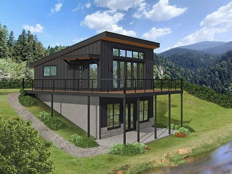 Creighton_Lake_Front Rectangle Modern House, Single Pitch Roof House Plans, Modern House With Basement, Single Pitch Roof House, Modern House In The Forest, Shed Roof House Plans, Tree House Modern, Modern Hillside House, Small Contemporary House Plans