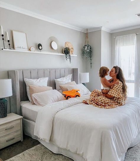 Pictures Above Bed Ideas Head Boards, Floating Shelf Above Headboard, Floating Picture Shelf Above Bed, Shelf Over King Size Bed, Bedroom Decor Over Headboard, Picture Rail Above Bed, Corner Above Bed Decor, Ledge Shelf Above Bed, Shelf Above King Bed