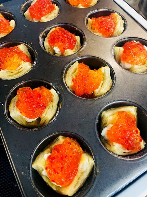 Pepper Jelly and Cream Cheese Bites - Cooks Well With Others Jelly Appetizers, Red Pepper Jelly Appetizer, Pepper Jelly And Cream Cheese, Appetizer Puff Pastry, Ham Cheese Pinwheels, Boxing Day Food, Red Pepper Jelly Recipe, Easy Party Foods, Puff Pastry Cups