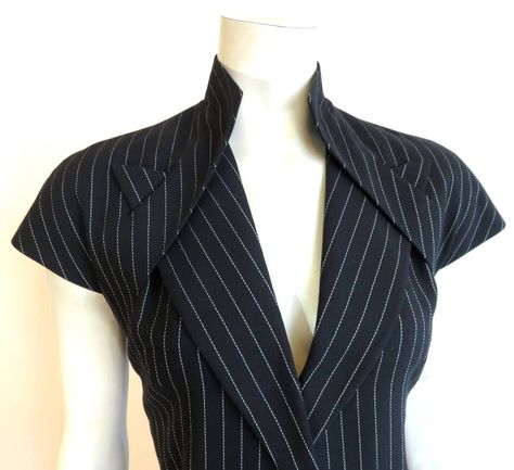 Pinstripe Outfit Aesthetic, Open Jacket Reference, Types Of Materials For Clothes, Pinstripe Aesthetic, Open Back Suit, Vintage Suits Women, Lines In Fashion, Vintage Alexander Mcqueen, Suits Pattern