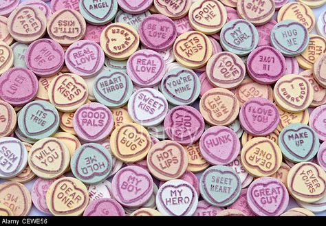 Large colourful pile of Love Heart candy sweets with cute captions; heart throb, sweet kiss, love bug, only you etc Stock Photo Love Heart Candy, Crush Signs, Heart Sweets, Candy Drawing, Love Heart Sweets, Kiss Me Love, Cute Captions, I Love You Images, Heart Throb