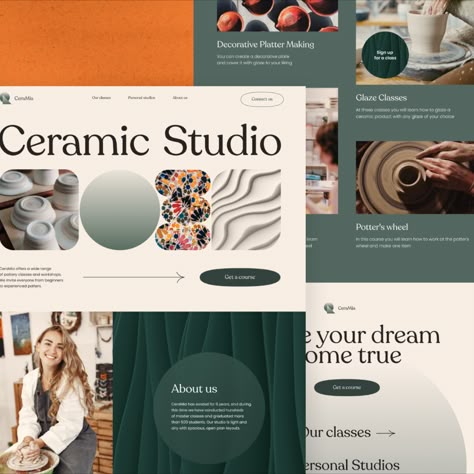 Recently, our team had an exciting idea to create a landing page concept for a ceramic studio. The studio offers various classes, including pottery and painting workshops, as well as personal studio rentals. Ceramic Website, Pottery Website, Pottery Portfolio, Website Branding Design, Colorful Website Design, Website Design Inspiration Layout, Studio App, Studio Website, How To Make Signs