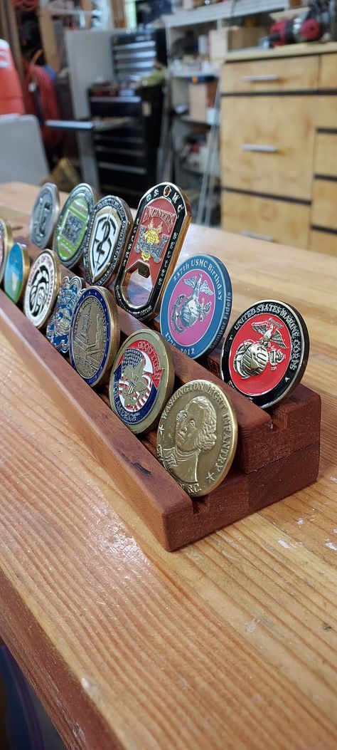 Here is an easy project that will come together very quickly to display those coins. Challenge Coin Display Diy How To Build, Challenge Coin Display Diy, Military Coin Display, Usmc Birthday, Sea Cadets, Challenge Coin Holder, Military Coins, Challenge Coin Display, Resin And Wood Diy