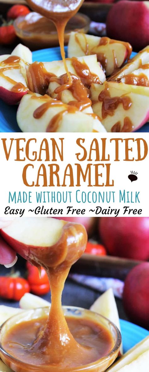 This easy vegan salted caramel sauce tastes just like the real deal!  There is no coconut milk, so it tastes like real dairy caramel, but it’s totally dairy free! #vegancaramel #vegansaltedcaramel #vegancaramelsauce #thehiddenveggies Vegan Caramel Dip For Apples, Dairy Free Caramel Apples, Vegan Caramel Apples, Healthy Caramel Apples, Vegan Candy Recipes, Dairy Free Meals, Vegan Caramel Apple, Vegan Salted Caramel, Vegan Halloween Food