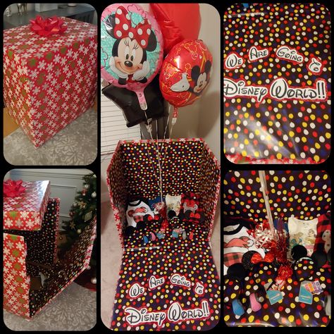 This is a fun way to surprise the kids with a trip to Disney World! I took a large box, cut down the sides of the front, made a cover out of another box and wrapped it all! Then added some balloons and Disney gear (ears, magic bands gift cards etc.) and the kids loved it!! Disney Gift Surprise, Disney Trip Gift Reveal, Disney Trip Reveal Box Ideas, Disneyland Suprise Ideas, Disney Tickets Surprise Gift, Disney Christmas Reveal, Surprise Disneyland Trip Reveal Christmas, Christmas Disney Surprise Ideas, Disney World Gifts For Kids