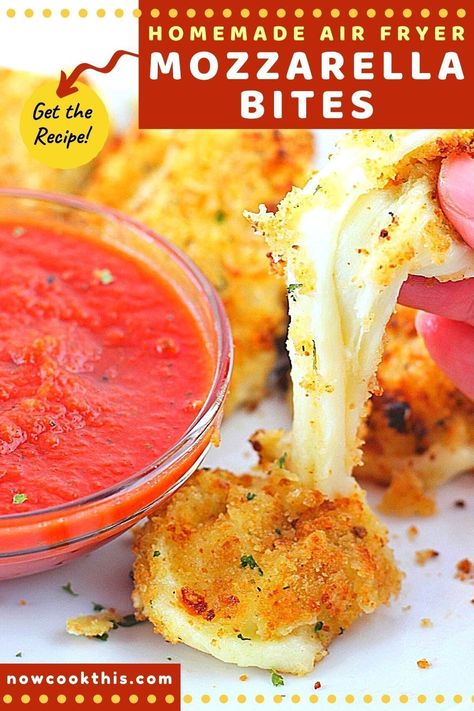 These easy homemade air fryer mozzarella bites are golden brown and crispy (and a little garlicky) on the outside, oh-so melty and cheesy on the inside, and a lighter version of the classic appetizer and snack that everyone will love. Get the recipe and try them! Air Fryer Cheese Bites, Cheese Bites Air Fryer, Mozzarella Balls Recipe, Fried Cheese Bites, Air Fryer Mozzarella, Mozzarella Bites, Classic Appetizers, Pizza Sauce Homemade, Cheese Bites