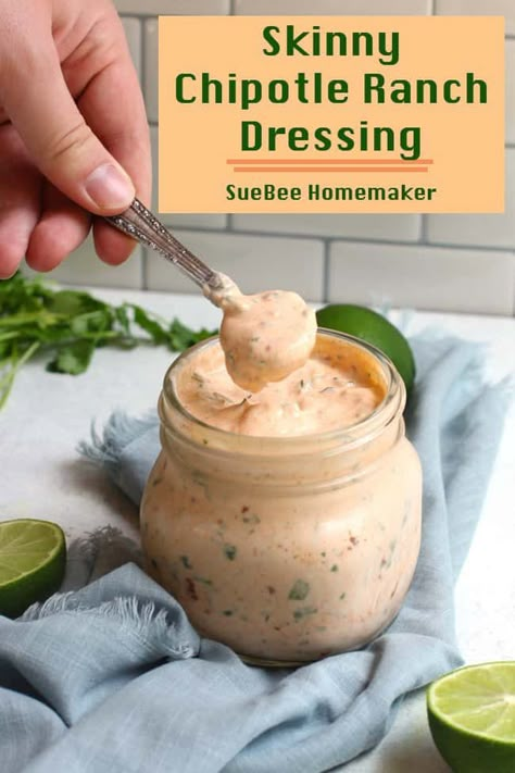 Skinny Chipotle Ranch Dressing combines Greek yogurt and light mayo with all the southwest flavors. This dressing is the perfect topper for salads, tacos, burrito bowls, and even for dipping fries and veggies! | suebeehomemaker.com | #skinnyranchdressing #chipotleranchdressing #ranchdressing #dressing #healthydiprecipe Chipotle Ranch Sauce, Healthy Dip Recipes, Greek Yogurt Ranch, Chipotle Ranch Dressing, Chipotle Dressing, Greek Yogurt Dressing, Ranch Sauce, Chipotle Ranch, Ranch Dressing Recipe