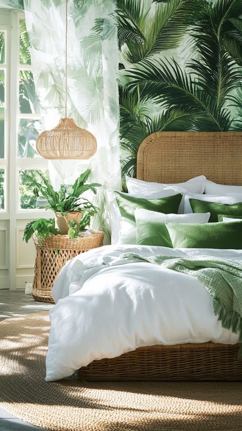 Bring a refreshing, exotic touch to your bedroom with palm prints, bright greens, and natural textures like rattan. Create a cozy tropical vibe with easy styling tips. #TropicalStyle #PalmPrint #Greenery #BedroomInspo 🌿🌞 Bedroom Decor Fall, Palm Prints, Tropical Bedroom, Fall Bedroom Decor, Tropical Bedrooms, Spring Refresh, Fall Bedroom, Wicker Bags, Tropical Style