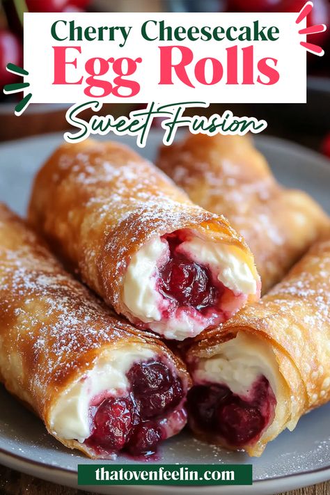 Cherry Cheesecake Egg Roll Recipe, Eggroll Dessert Recipes, Cheesecake Egg Rolls Recipe, Cherry Cheesecake Egg Rolls, Christmas Cherry Cheesecake Bars, Rolled Desserts, Good Dessert Recipes, Yummy Desserts Recipes, Cream Cheese Cherry Pie