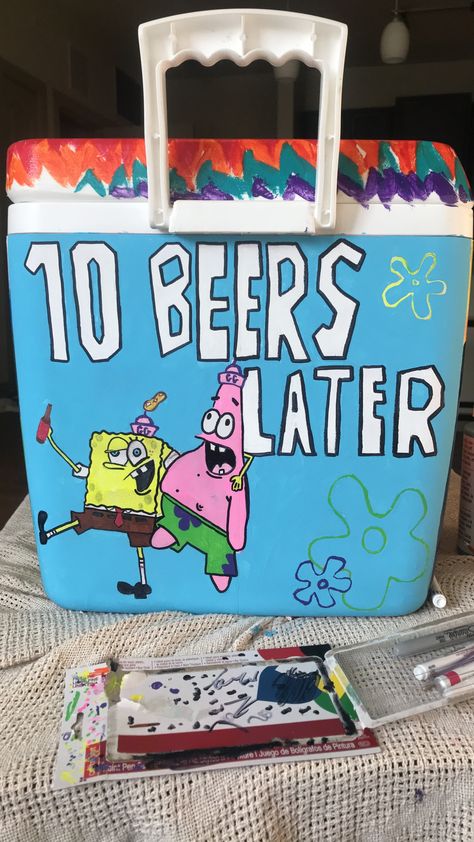 A Few Beers Later Spongebob, Funny Frat Cooler Ideas, Ice Chest Ideas Diy Cooler Painting, Spongebob Frat Cooler, Frat Flask Painted, Michelob Ultra Frat Cooler, Funny Frat Coolers, Beach Frat Cooler, Frat Cooler Mountain Weekend