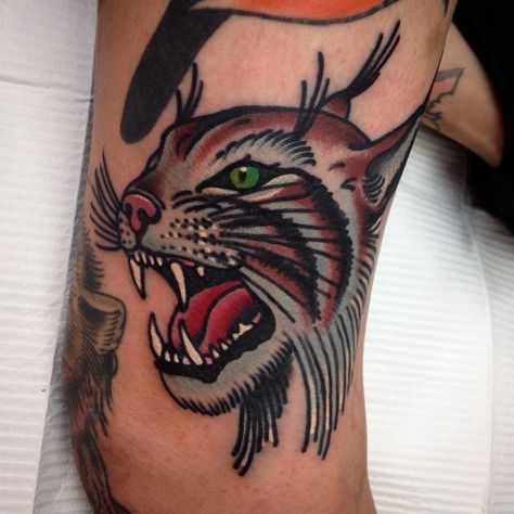 Gary Royal as featured on www.swallowsndaggers.com #tattoo #tattoos #cat Lynx Tattoo, Predator Tattoo, 2016 Tattoo, Traditional Panther Tattoo, Panther Tattoo, Insect Tattoo, American Tattoos, Traditional Tattoo Design, Fox Tattoo