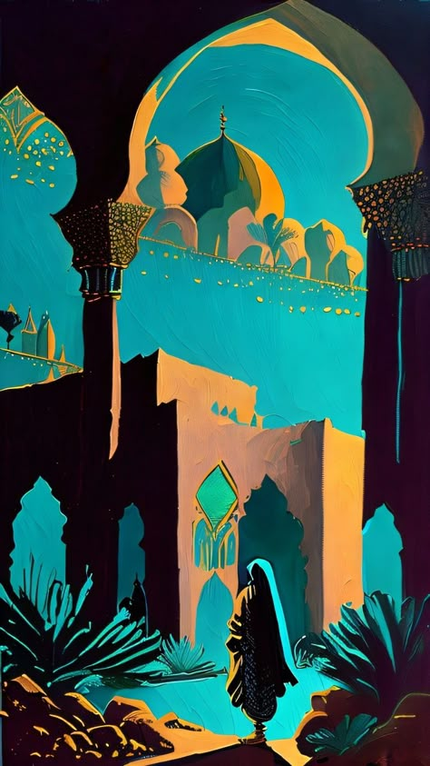 Arabian Illustration, Pakistan Illustration, Arabic Illustration, Arabian Nights Aesthetic, Castle Illustration, Surealism Art, Indian Illustration, Mosque Art, Desert Art