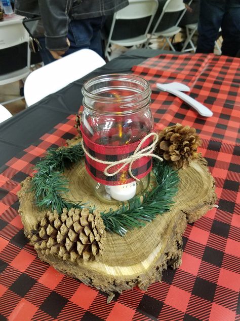 Table Centerpiece for Lumberjack Themed Party One Happy Camper Birthday Centerpieces, Happy Camper Centerpieces, One Happy Camper Table Centerpieces, Lumberjack Centerpieces, One Happy Camper Centerpieces, Lumberjack Theme Party, Plaid Baby Shower, Lumberjack Birthday Party, Flannel Christmas