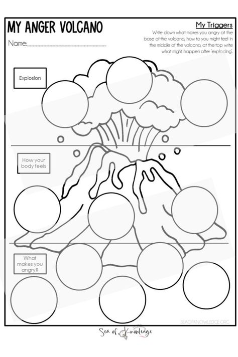 Anger Volcano Worksheet: Understanding and Managing Anger - Cooks & Crayons Elementary Group Therapy Activities, Calming Art Activities, Self Care Classroom Activities, November Therapy Activities, Anger Volcano Activity, All About Me Therapy Activity, Teen Emotions Activities, Inside Out 2 Therapy Activities, Cbt Activities For Middle School