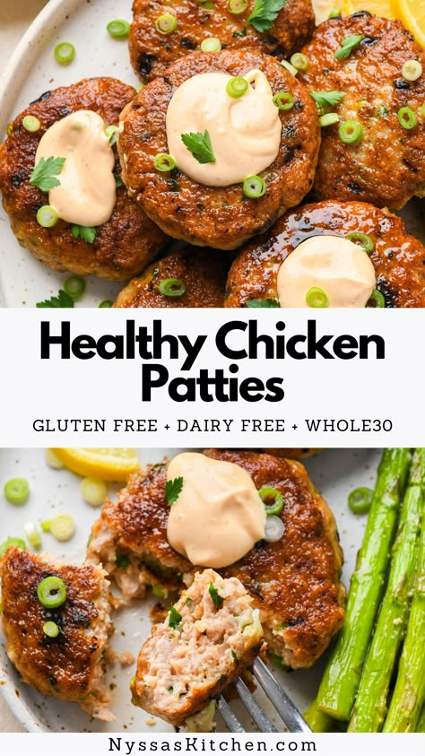 Protein Rich Dinner, Gluten Free Dairy Free Keto, Ground Chicken Recipes Healthy, Chicken Patty Recipes, Dairy Free Keto, Ground Chicken Burgers, Simple Sides, Whole30 Dinner, Healthy Flour