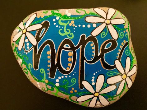 Rock painting ideas. HOPE. Rock Painting Music, Believe Painted Rock, Hope Rocks Painted Stones, Uplifting Painted Rocks, Rock Concert Rock Painting, Rock Projects, Rock Painting Ideas, Painted Pebbles, Rocks Painted