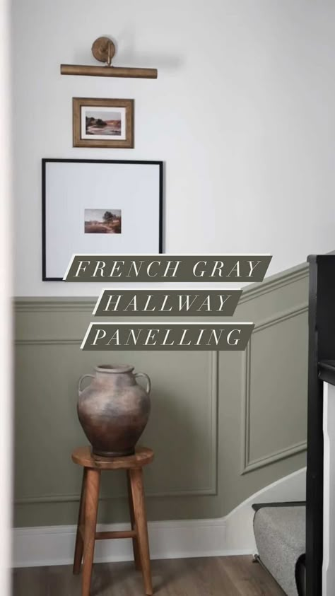 Green Hall Panelling, Sage Wall Panelling, Sage Green Panelling Hallway, Green Panelled Hallway, Hallway Ideas Panelling, Hallway Farrow And Ball, Green Panelling Hallway, Sage Green Panelling Living Room, Green And White Hallway