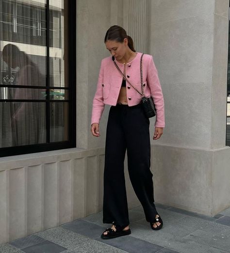 by eva ☁️ fashion trends on Instagram: "pink love story" Pink Tweed Blazer Outfit, Pink Tweed Jacket Outfit, Pink Tweed Outfit, Tweed Blazer Outfit, Pink Jacket Outfit, Outer Outfit, Tweed Jacket Outfit, Pink Tweed Jacket, Tweed Outfit