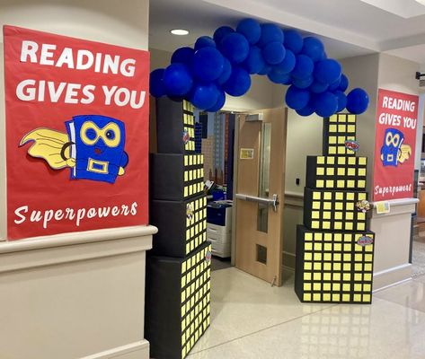 Superhero Book Fair, Superhero Library Theme, Bookfair Themes, Book Fair Themes, Super Hero Classroom Theme, School Library Themes, Superhero School Theme, Hero Classroom Theme, Superhero Decor