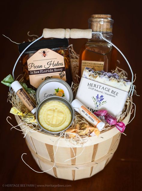 Mother Day Gift, Mothers Day Gift Baskets from our Bee Farm, from the hive! OR ANY DAY! In your basket you will receive: 2 -16oz Honey Jars one of these will be our delicious nut honey. 1 -Bar of Handmade soap 1 -Bar of Handmade Beeswax lotion bar 2- Beeswax lip balms (Honey, Vanilla Bean, Peppermint) * we will occasionally supplement an item of equal value ... and just as nice! (When you Order, Provide us with your special message and we will be happy to send a custom made card to your gifted!) Ninja Ideas, Client Gift Baskets, Beeswax Lotion, Soap Gift Basket, Craft Signs, Unique Gift Baskets, Honey Jars, Christmas Basket, Honey Gifts