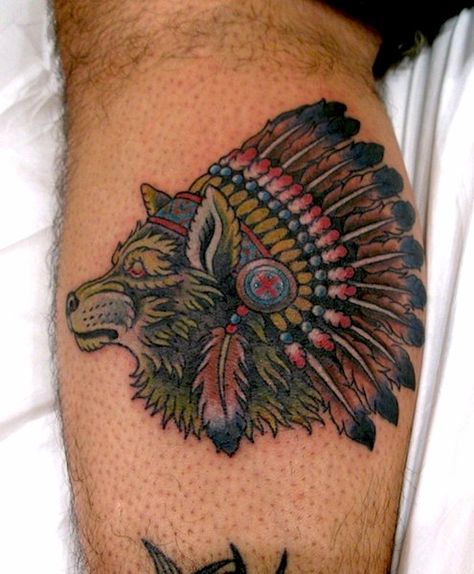 wolf with headdress tattoo - Google Search Indian Chief Wolf Tattoo, Lion With Indian Headdress Tattoo, Indian Head Dress Tattoo, Wolf Headdress Tattoo, Wolf Indian Headdress Tattoo, Headdress Tattoo, Indian Headdress, Indian Head, Indian Chief