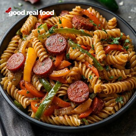 Good Real Food Sausage Fajita Pasta, Fajita Pasta Recipe, Fajita Pasta, Smoked Sausage Pasta, Tuscan Chicken Pasta, Cheesy Chicken Broccoli, Rotini Pasta, Chicken Bacon Ranch, Andouille Sausage