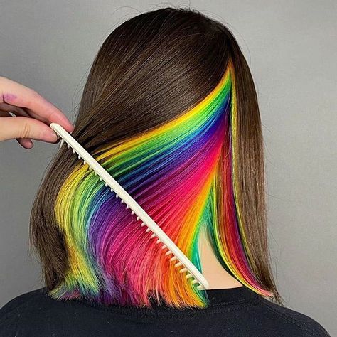 Hair Dye Aesthetic, Birthday Hair Ideas, Curled Prom Hair, Hidden Rainbow Hair, Edgy Hair Color, Peekaboo Color, Vivid Hair Color, Rainbow Hair Color, Rainbow Prism