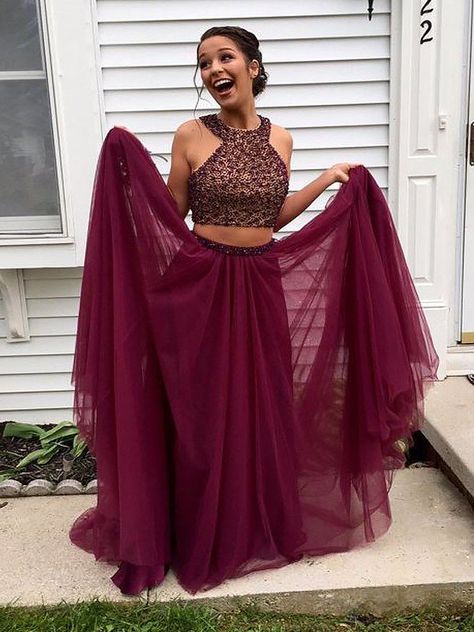 A-Line/Princess Sleeveless Halter Tulle Beading Floor-Length Two Piece Dresses Maroon Formal Dress, Maroon Prom, Prom Dress Two Piece, Maroon Prom Dress, Halter Prom Dress, Burgundy Prom, Evening Dress Long, Halter Prom Dresses, Winter Formal Dresses