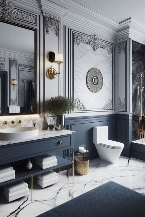 Set sail for sophistication with this timeless navy blue and marble white combination. Classic elegance meets modern style. #NavyBathroom #MarbleAccents Navy Blue Bathroom, Navy Blue Bathrooms, Navy Bathroom, Bathroom Color Schemes, Bathroom Color, Blue Bathroom, Marble Bathroom, Set Sail, Classic Elegance