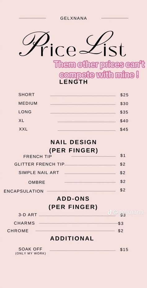 Nail Tech Prices Guide, Nail Business Price List, Nail Schedule Ideas, Nail Tech Information, Nail Salon Checklist, Mail Inspo Beginner, Nail Tech Guide, Nail Prices List For Beginners, Nail Tech Cart Organization