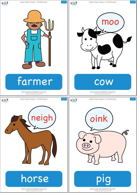 Old McDonald Flashcards | Super Simple Farm Animal Flashcards, Farm Vocabulary, Old Mcdonald Had A Farm, Farm Animals Preschool, Old Mcdonald, Simple Songs, Classroom Songs, Super Simple Songs, Farm Unit