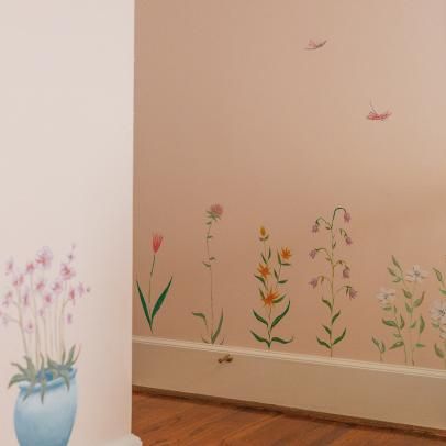 Greek Mural, Painted Flower Wall, Elizabeth Cook, Botanical Mural, Wall Painting Flowers, Cottagecore Painting, Woodland Fairy Party, Flower Mural, Whimsical Nursery